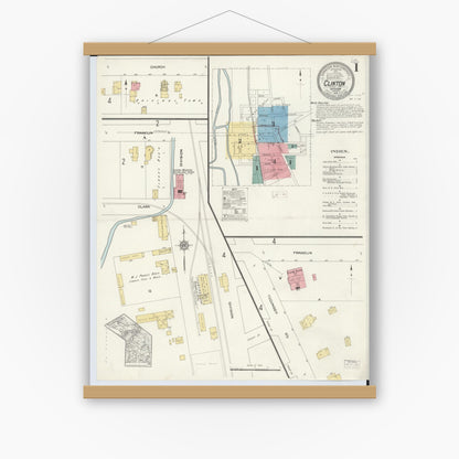 Old map wall art mockup — magnetic wood frame on white wall — Sanborn Fire Insurance Map from Clinton, Lenawee County, Michigan (1912) - Complete Map Set