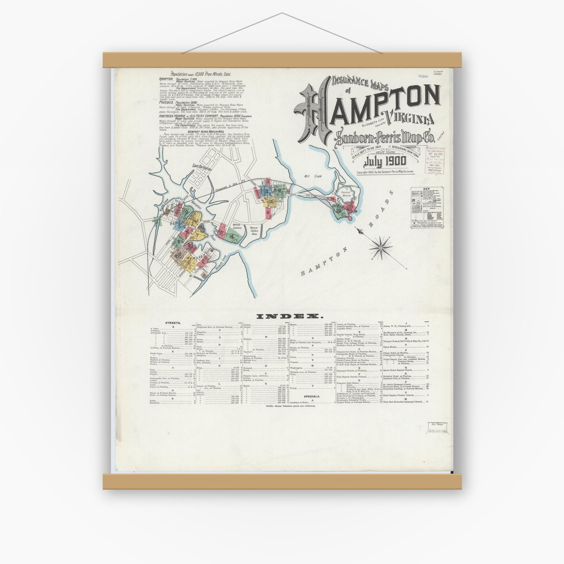 Old map wall art mockup — magnetic wood frame on white wall — Sanborn Fire Insurance Map from Hampton, Independent Cities, Virginia (1900) - Complete Map Set