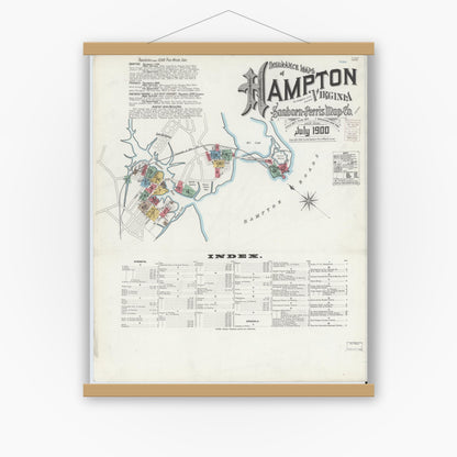 Old map wall art mockup — magnetic wood frame on white wall — Sanborn Fire Insurance Map from Hampton, Independent Cities, Virginia (1900) - Complete Map Set