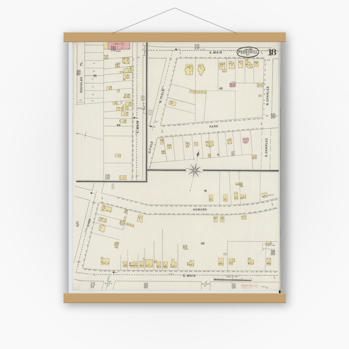 Old map wall art mockup — magnetic wood frame on white wall — Sanborn Fire Insurance Map from Peekskill, Westchester County, New York (1895), Sheet #0018