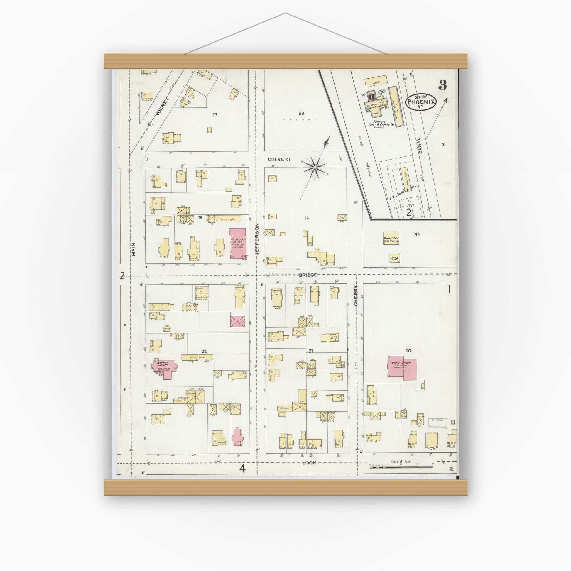 Old map wall art mockup — magnetic wood frame on white wall — Sanborn Fire Insurance Map from Phoenix, Oswego County, New York (1904), Sheet #0003