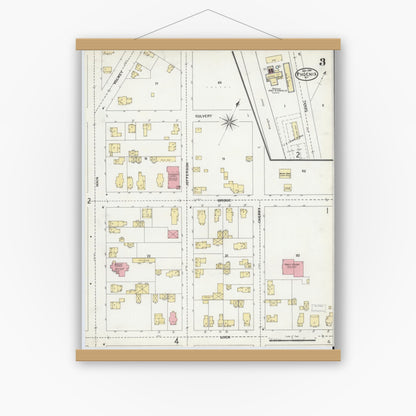 Old map wall art mockup — magnetic wood frame on white wall — Sanborn Fire Insurance Map from Phoenix, Oswego County, New York (1904), Sheet #0003