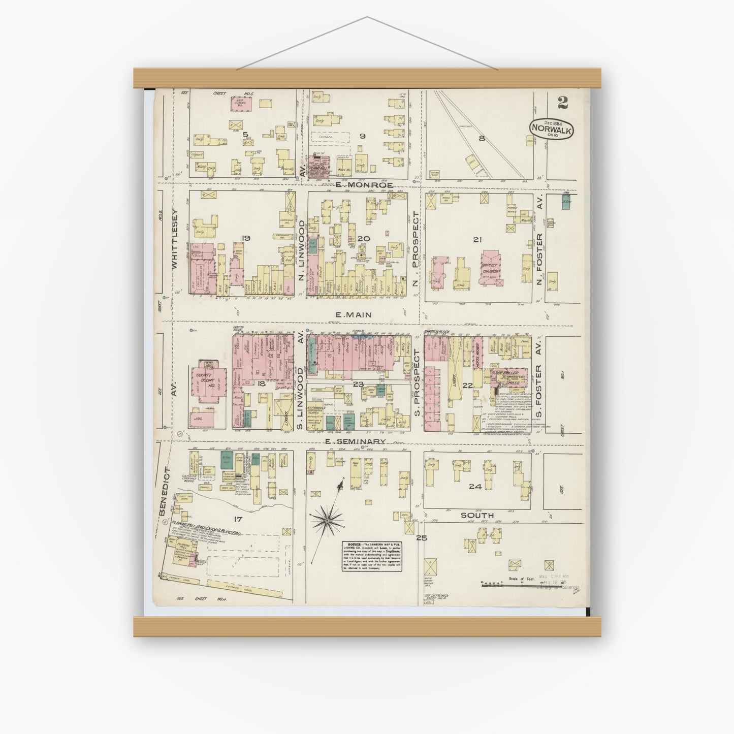 Old map wall art mockup — magnetic wood frame on white wall — Sanborn Fire Insurance Map from Norwalk, Huron County, Ohio (1884), Sheet #0002