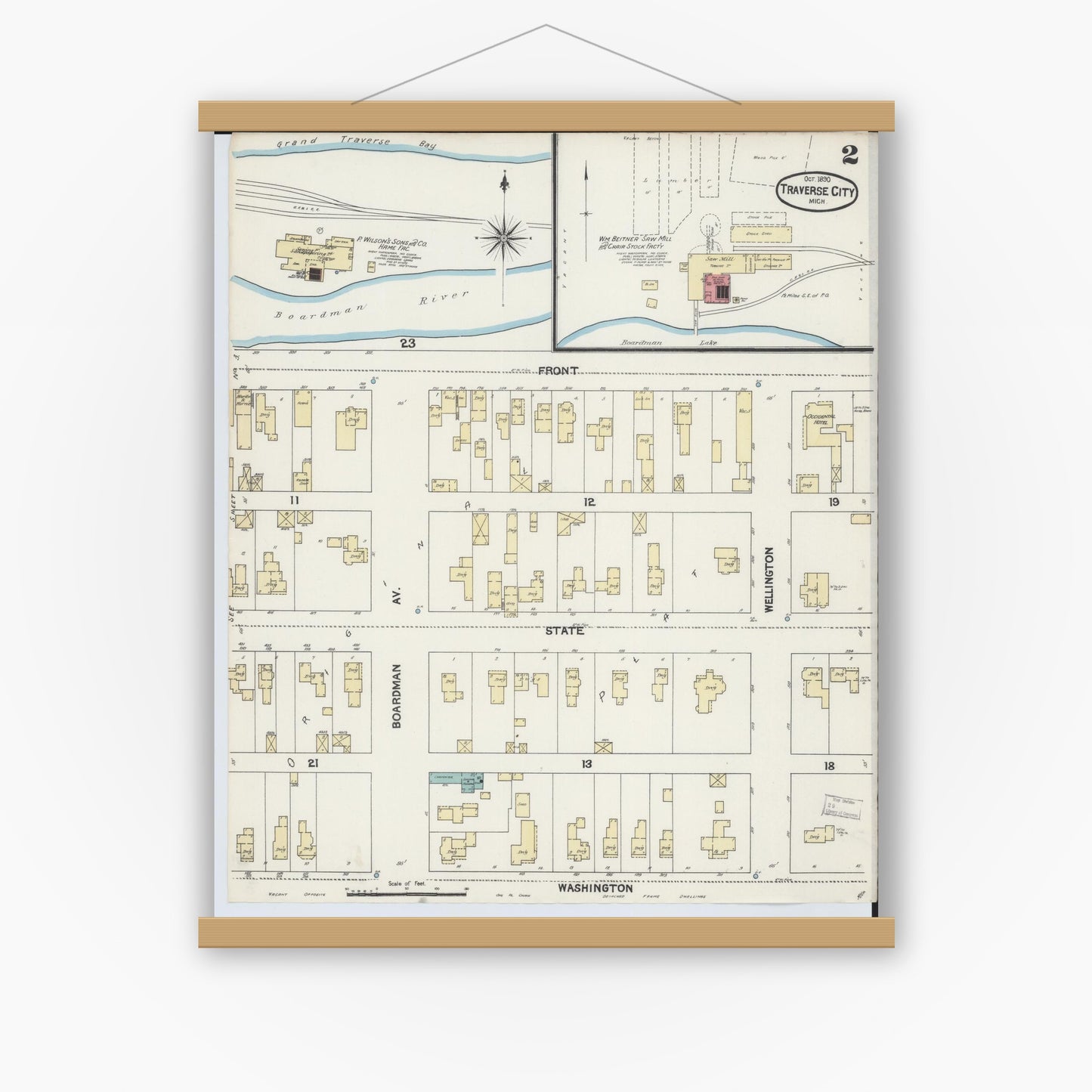 Old map wall art mockup — magnetic wood frame on white wall — Sanborn Fire Insurance Map from Traverse City, Grand Traverse County, Michigan (1890), Sheet #0002