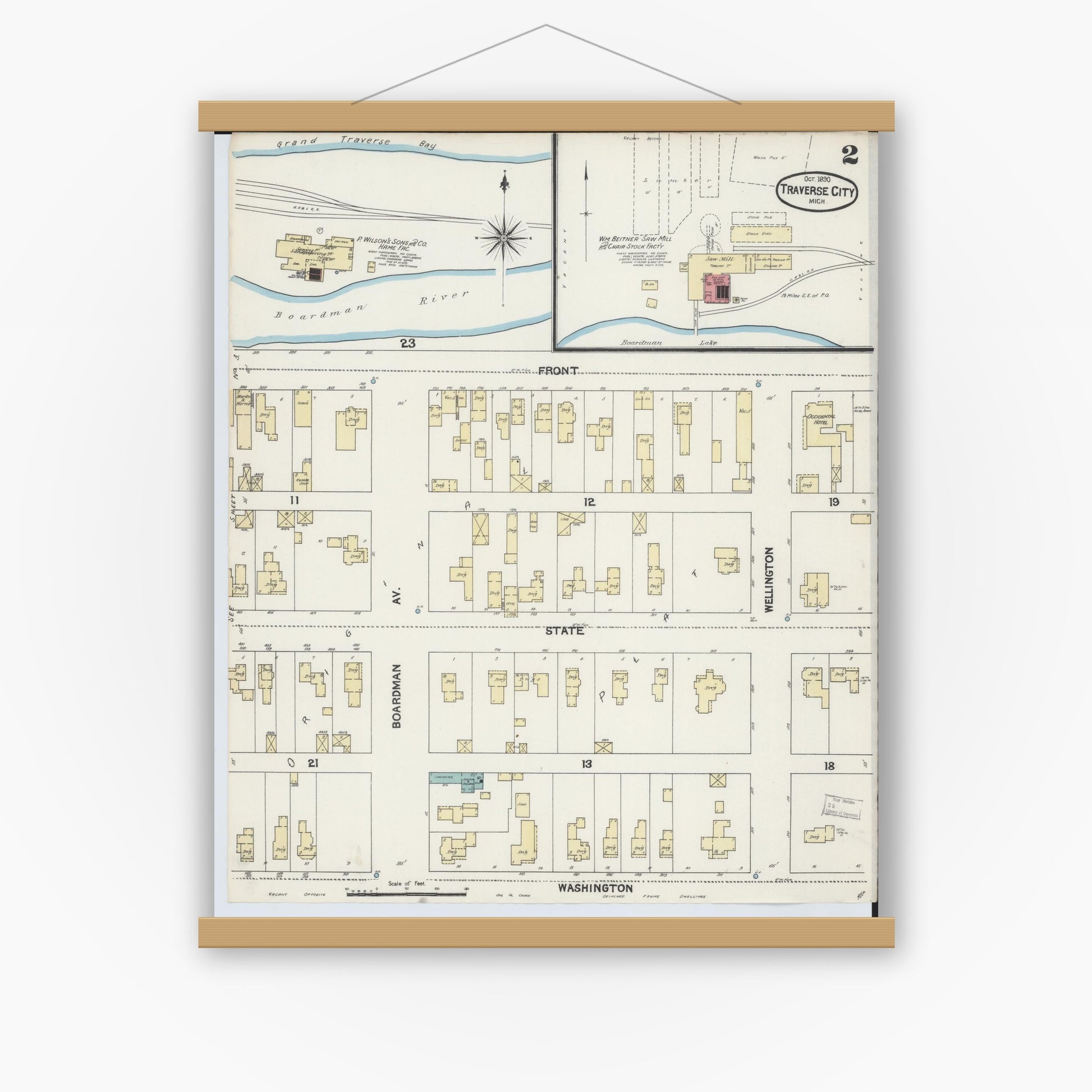 Old map wall art mockup — magnetic wood frame on white wall — Sanborn Fire Insurance Map from Traverse City, Grand Traverse County, Michigan (1890), Sheet #0002