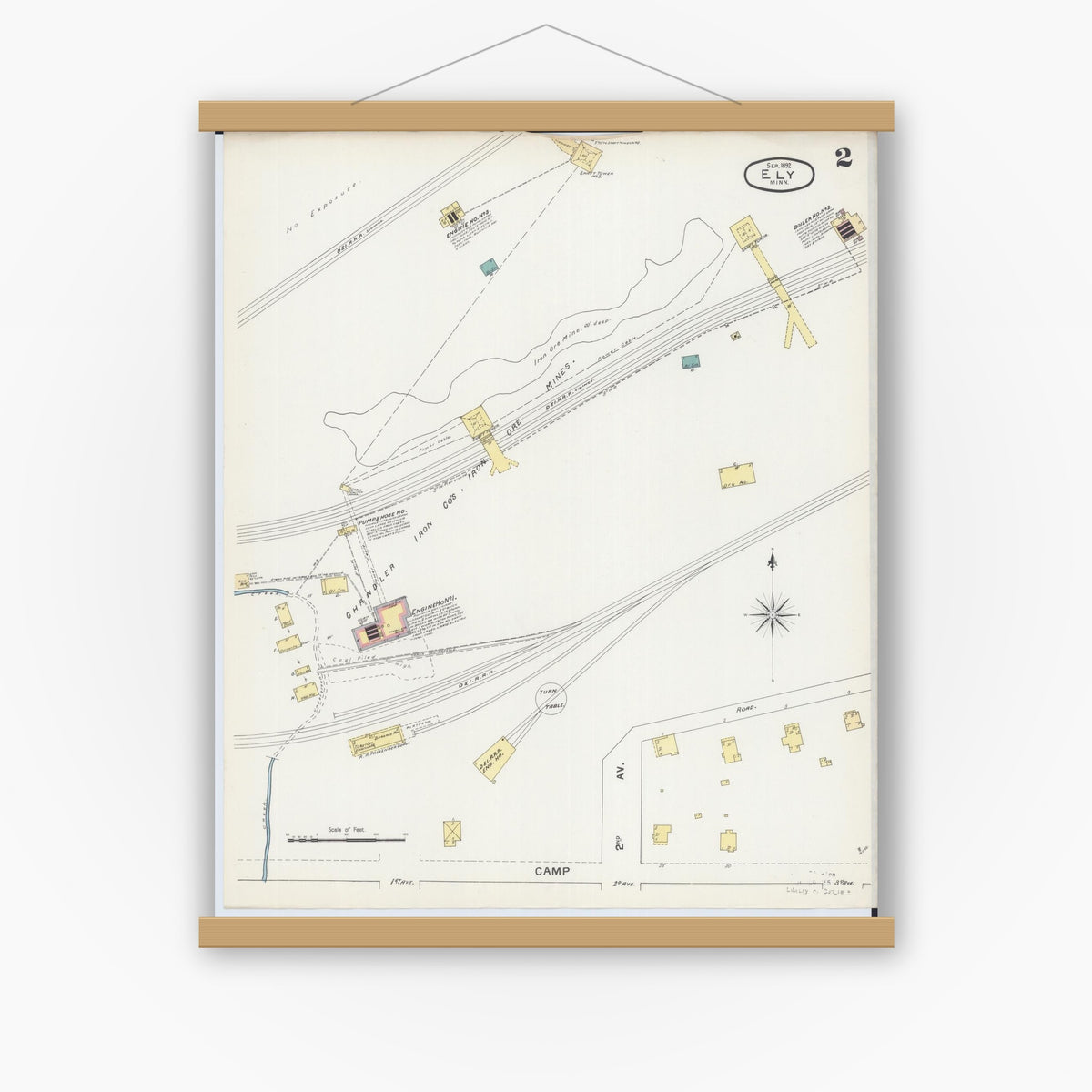 Old map wall art mockup — magnetic wood frame on white wall — Sanborn Fire Insurance Map from Ely, Saint Louis County, Minnesota (1892), Sheet #0002