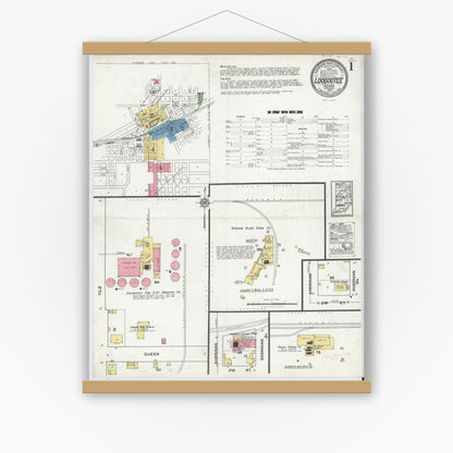 Old map wall art mockup — magnetic wood frame on white wall — Sanborn Fire Insurance Map from Loogootee, Martin County, Indiana (1920) - Complete Map Set