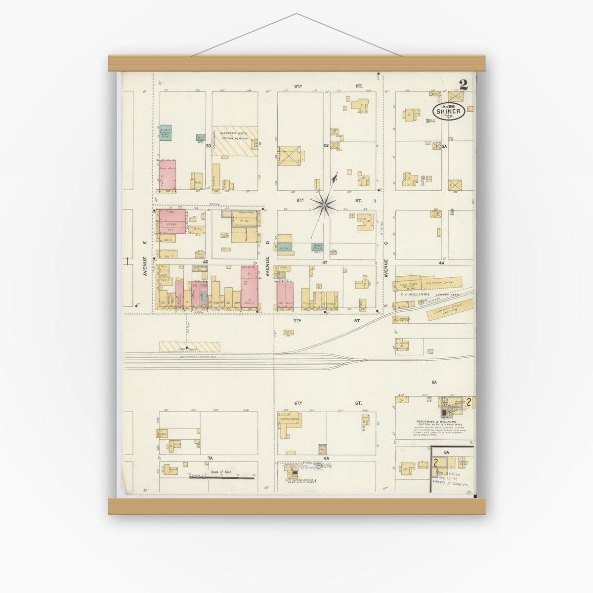 Old map wall art mockup — magnetic wood frame on white wall — Sanborn Fire Insurance Map from Shiner, Lavaca County, Texas (1906), Sheet #0002