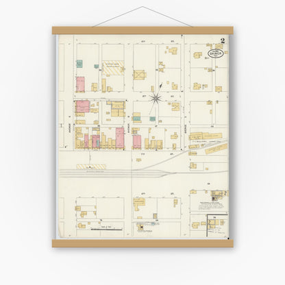 Old map wall art mockup — magnetic wood frame on white wall — Sanborn Fire Insurance Map from Shiner, Lavaca County, Texas (1906), Sheet #0002