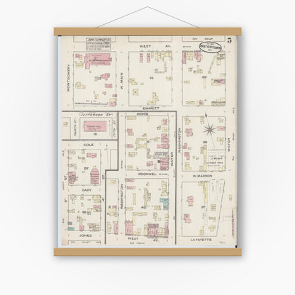 Old map wall art mockup — magnetic wood frame on white wall — Sanborn Fire Insurance Map from Watertown, Jefferson County, Wisconsin (1884), Sheet #0005