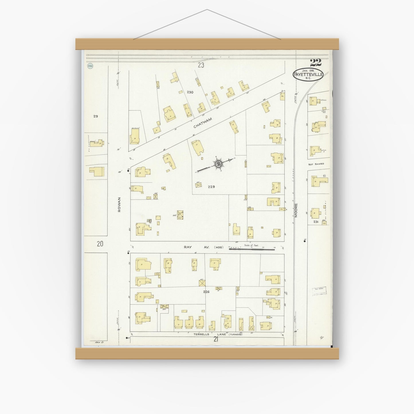 Old map wall art mockup — magnetic wood frame on white wall — Sanborn Fire Insurance Map from Fayetteville, Cumberland County, North Carolina (1914), Sheet #0022