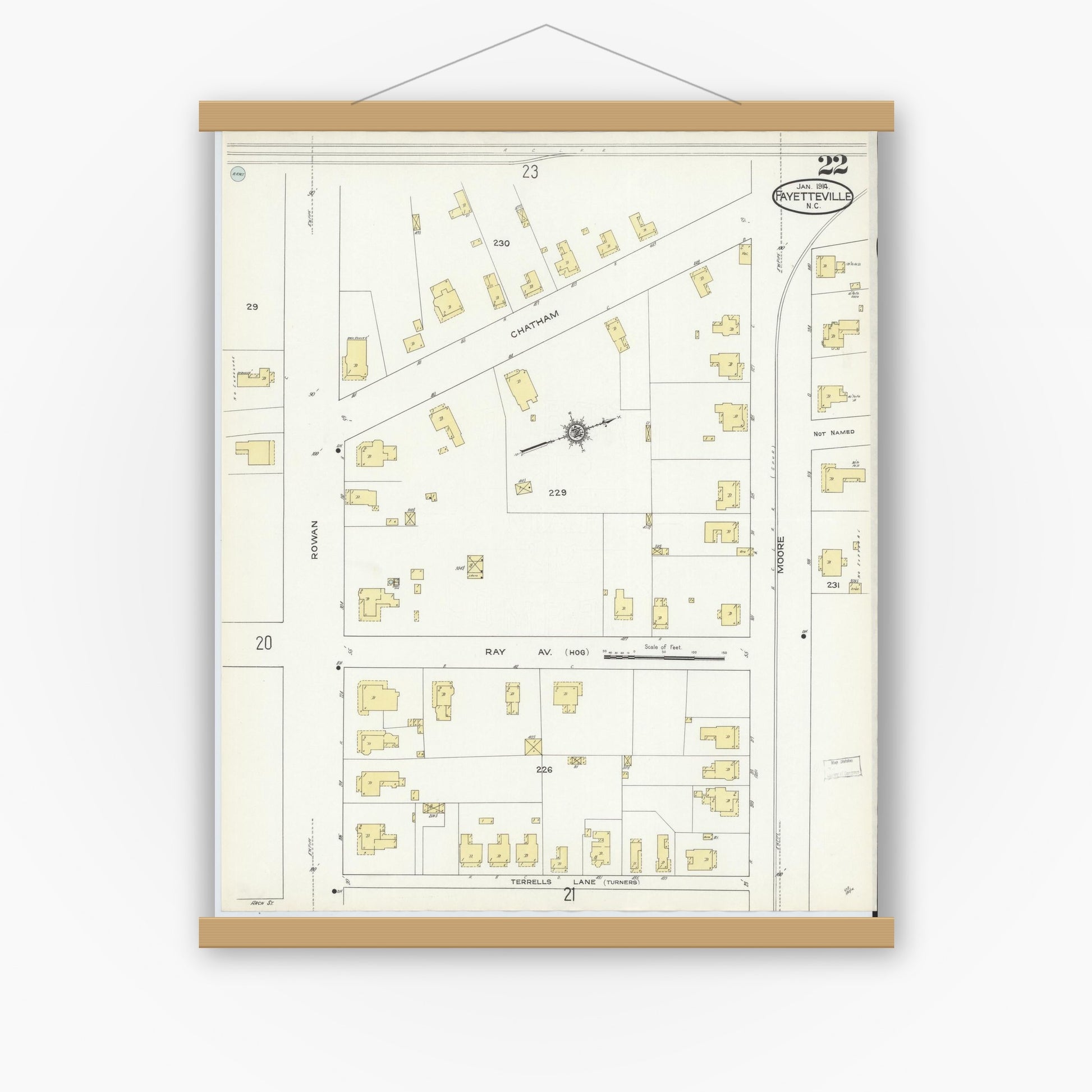 Old map wall art mockup — magnetic wood frame on white wall — Sanborn Fire Insurance Map from Fayetteville, Cumberland County, North Carolina (1914), Sheet #0022