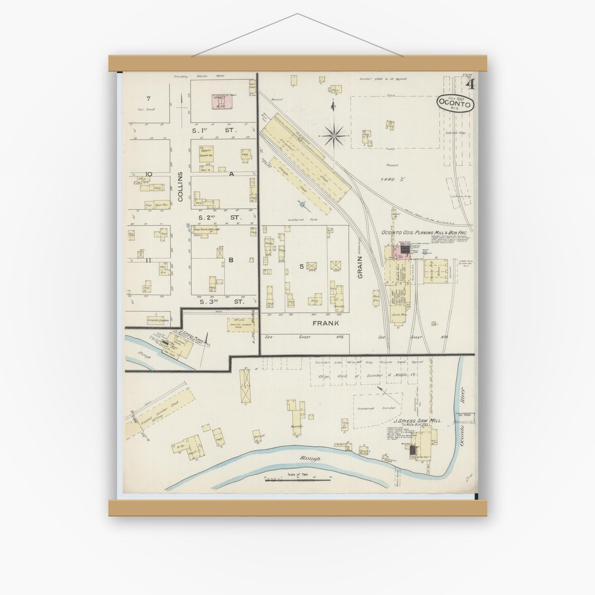 Old map wall art mockup — magnetic wood frame on white wall — Sanborn Fire Insurance Map from Oconto, Oconto County, Wisconsin (1887), Sheet #0004