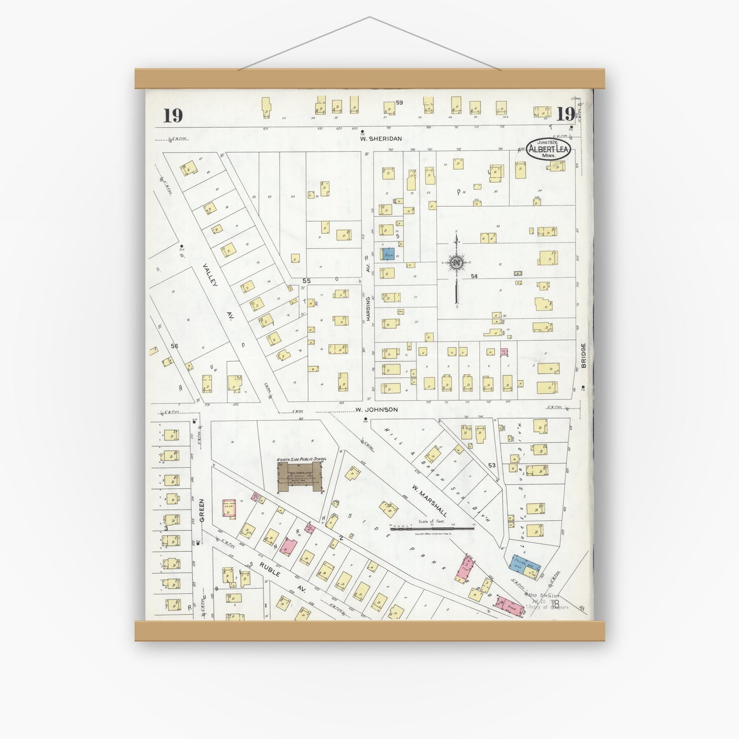 Old map wall art mockup — magnetic wood frame on white wall — Sanborn Fire Insurance Map from Albert Lea, Freeborn County, Minnesota (1926), Sheet #0019