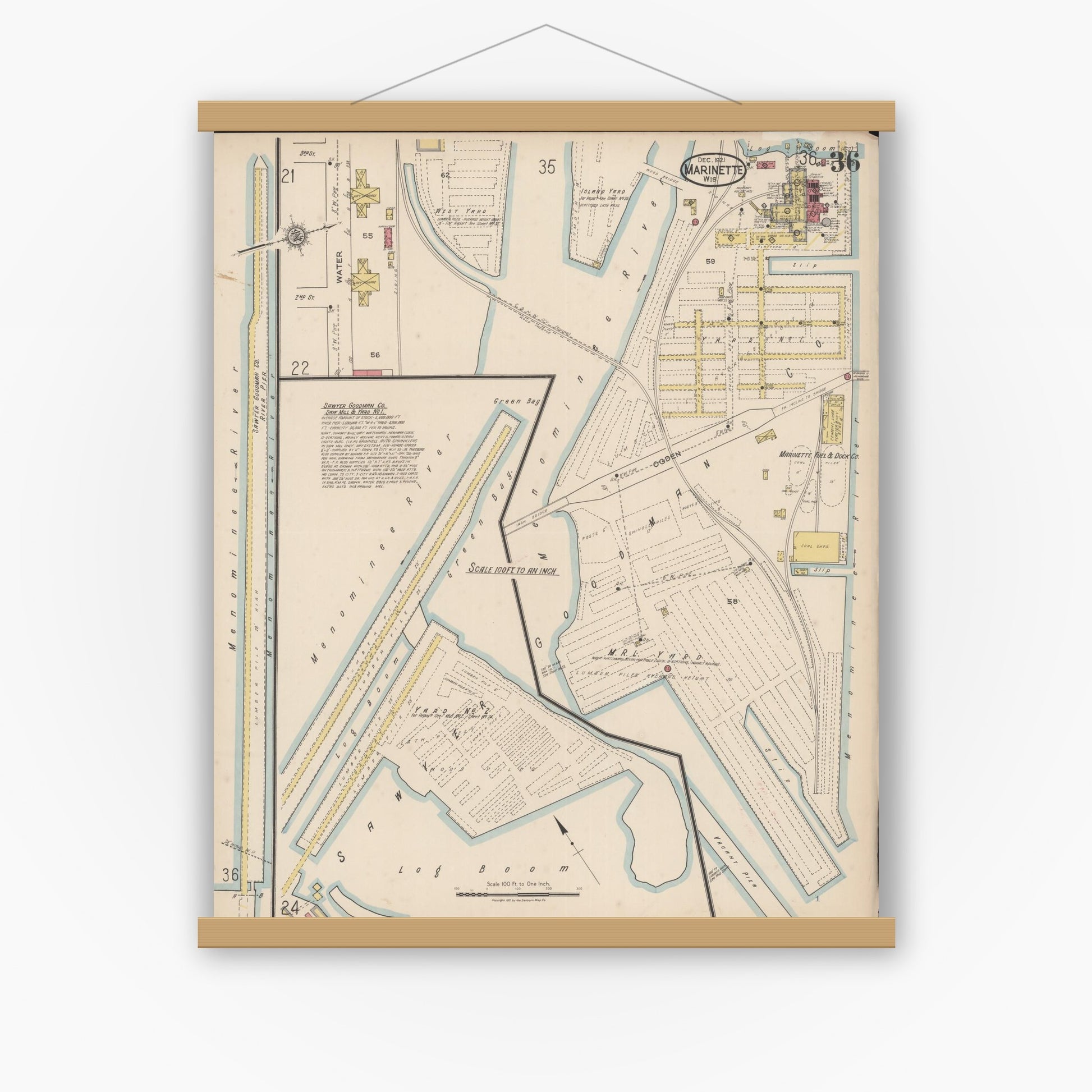 Old map wall art mockup — magnetic wood frame on white wall — Sanborn Fire Insurance Map from Marinette, Marinette County, Wisconsin (1921), Sheet #0036