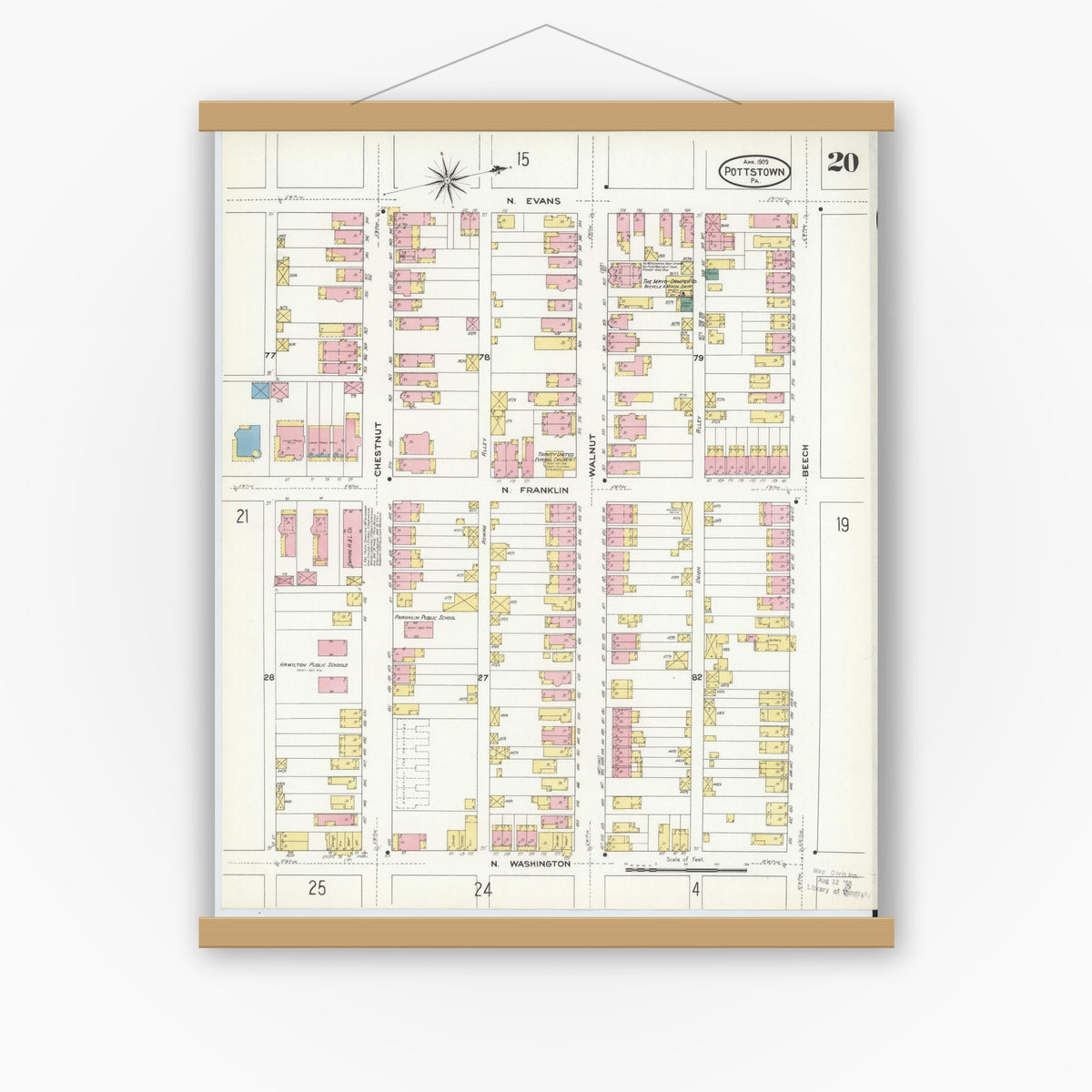 Old map wall art mockup — magnetic wood frame on white wall — Sanborn Fire Insurance Map from Pottstown, Montgomery County, Pennsylvania (1909), Sheet #0020