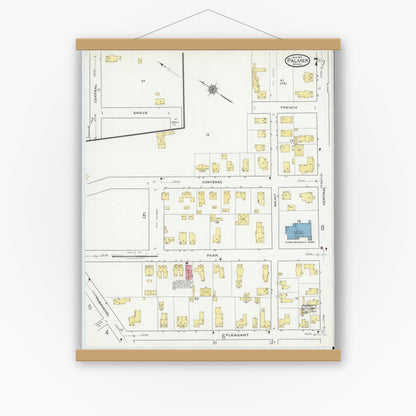 Old map wall art mockup — magnetic wood frame on white wall — Sanborn Fire Insurance Map from Palmer, Hampden County, Massachusetts (1918), Sheet #0007