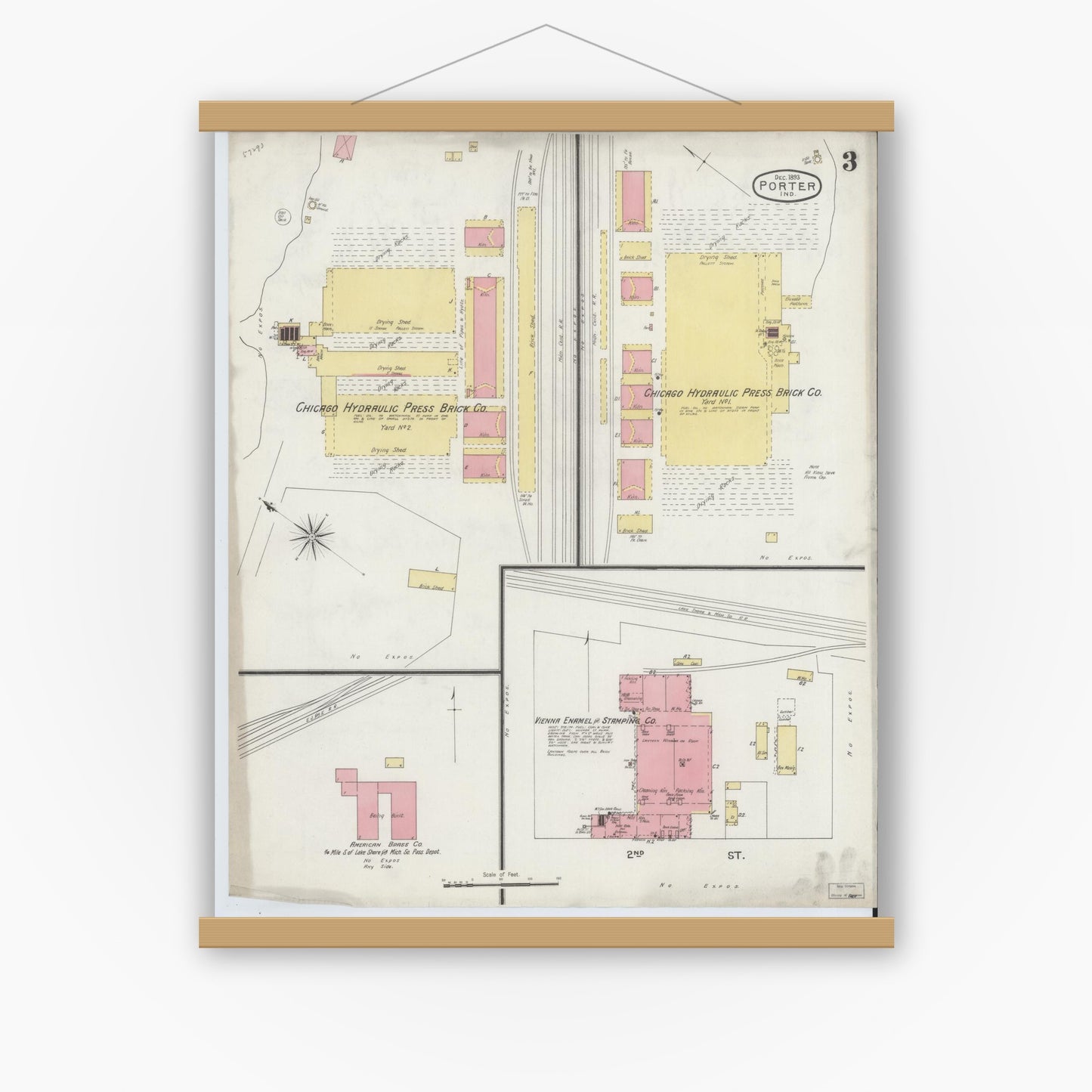 Old map wall art mockup — magnetic wood frame on white wall — Sanborn Fire Insurance Map from Porter, Porter County, Indiana (1893), Sheet #0003
