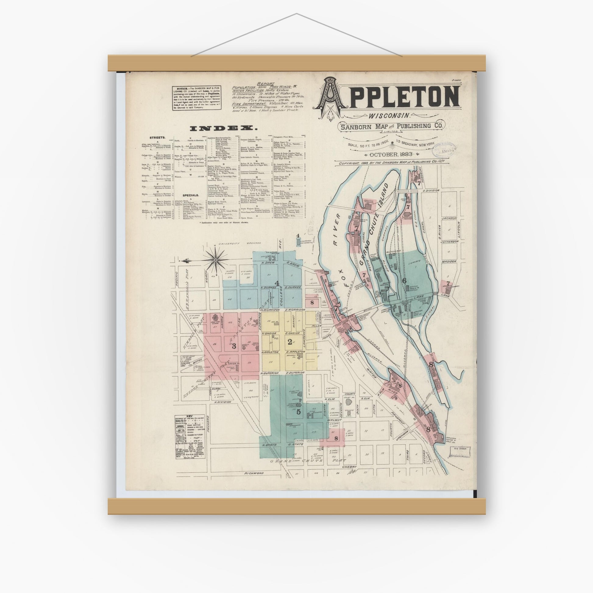 Old map wall art mockup — magnetic wood frame on white wall — Sanborn Fire Insurance Map from Appleton, Outagamie County, Wisconsin (1883), Sheet #0001