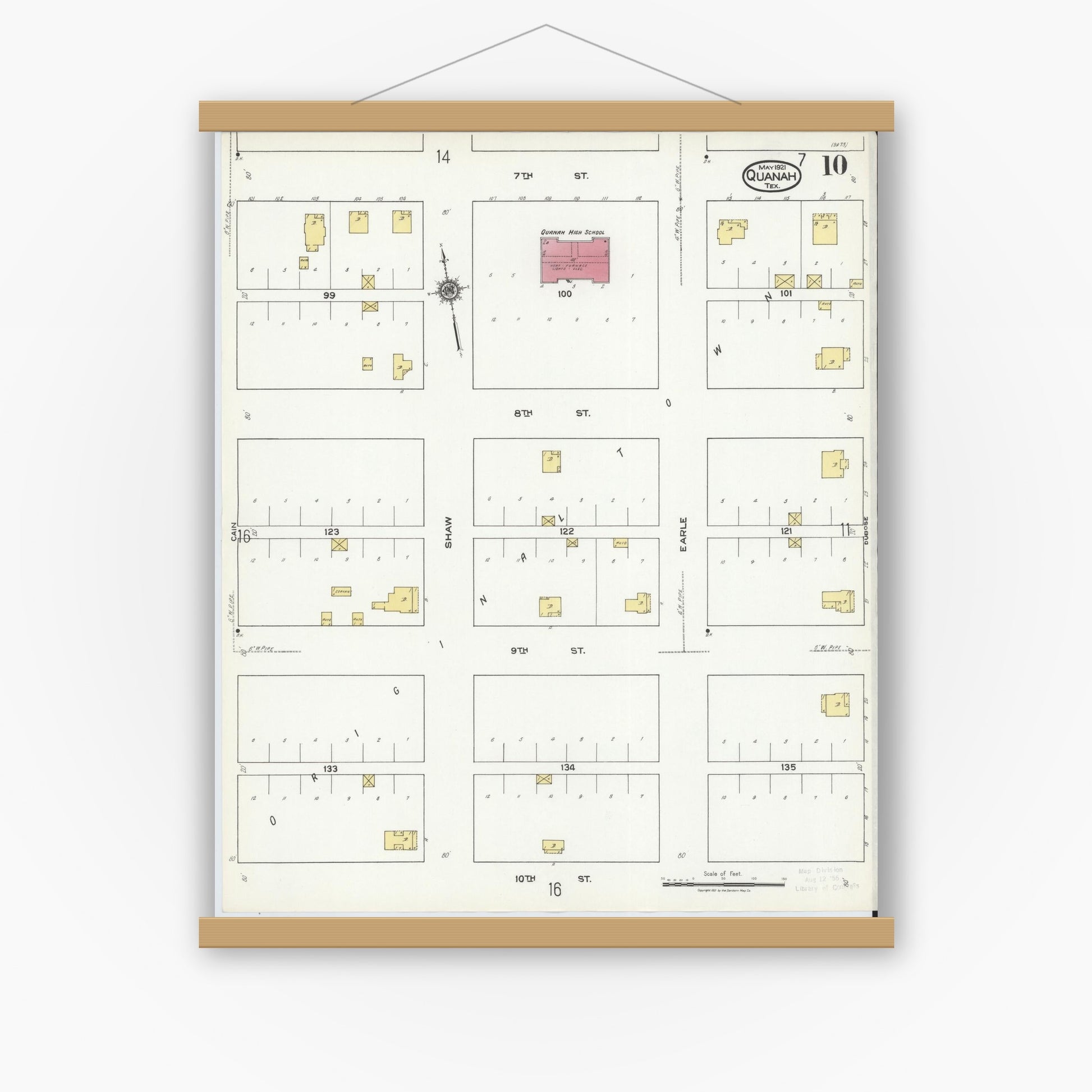 Old map wall art mockup — magnetic wood frame on white wall — Sanborn Fire Insurance Map from Quanah, Hardeman County, Texas (1921), Sheet #0010