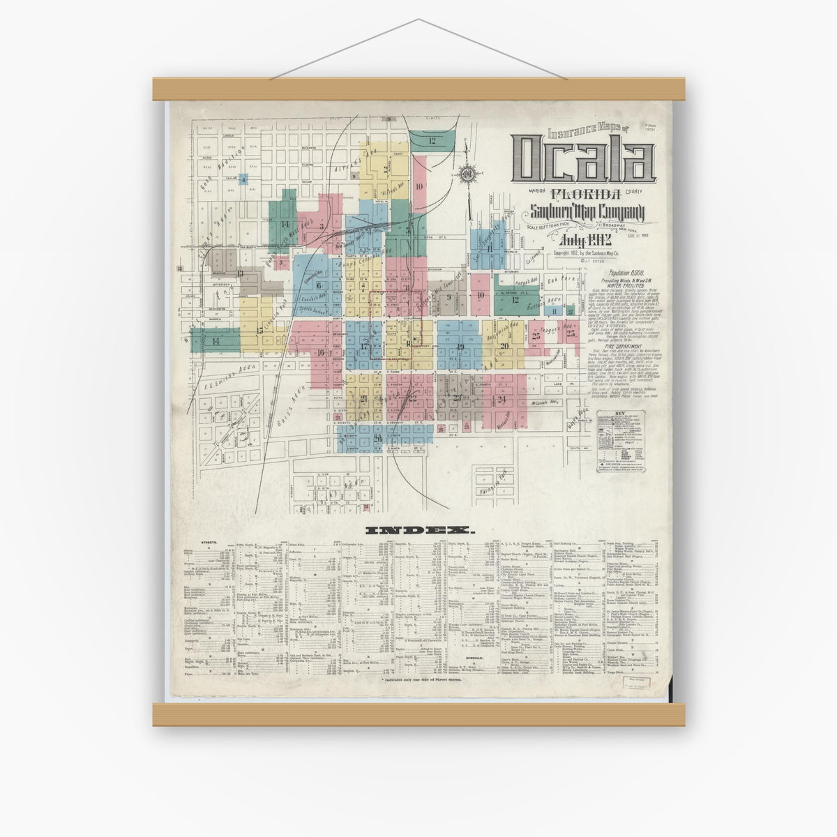 Old map wall art mockup — magnetic wood frame on white wall — Sanborn Fire Insurance Map from Ocala, Marion County, Florida (1912) - Complete Map Set