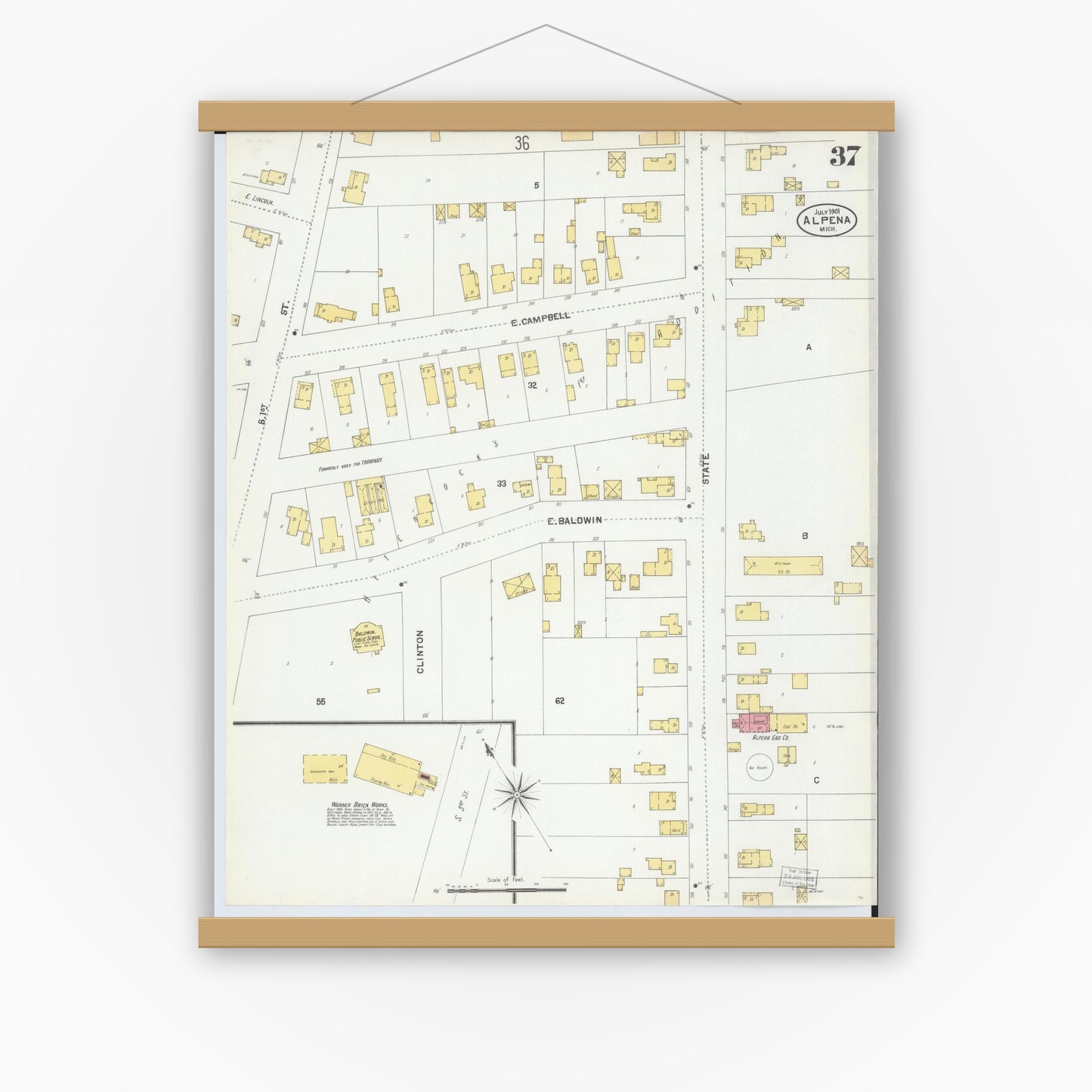 Old map wall art mockup — magnetic wood frame on white wall — Sanborn Fire Insurance Map from Alpena, Alpena County, Michigan (1901), Sheet #0037