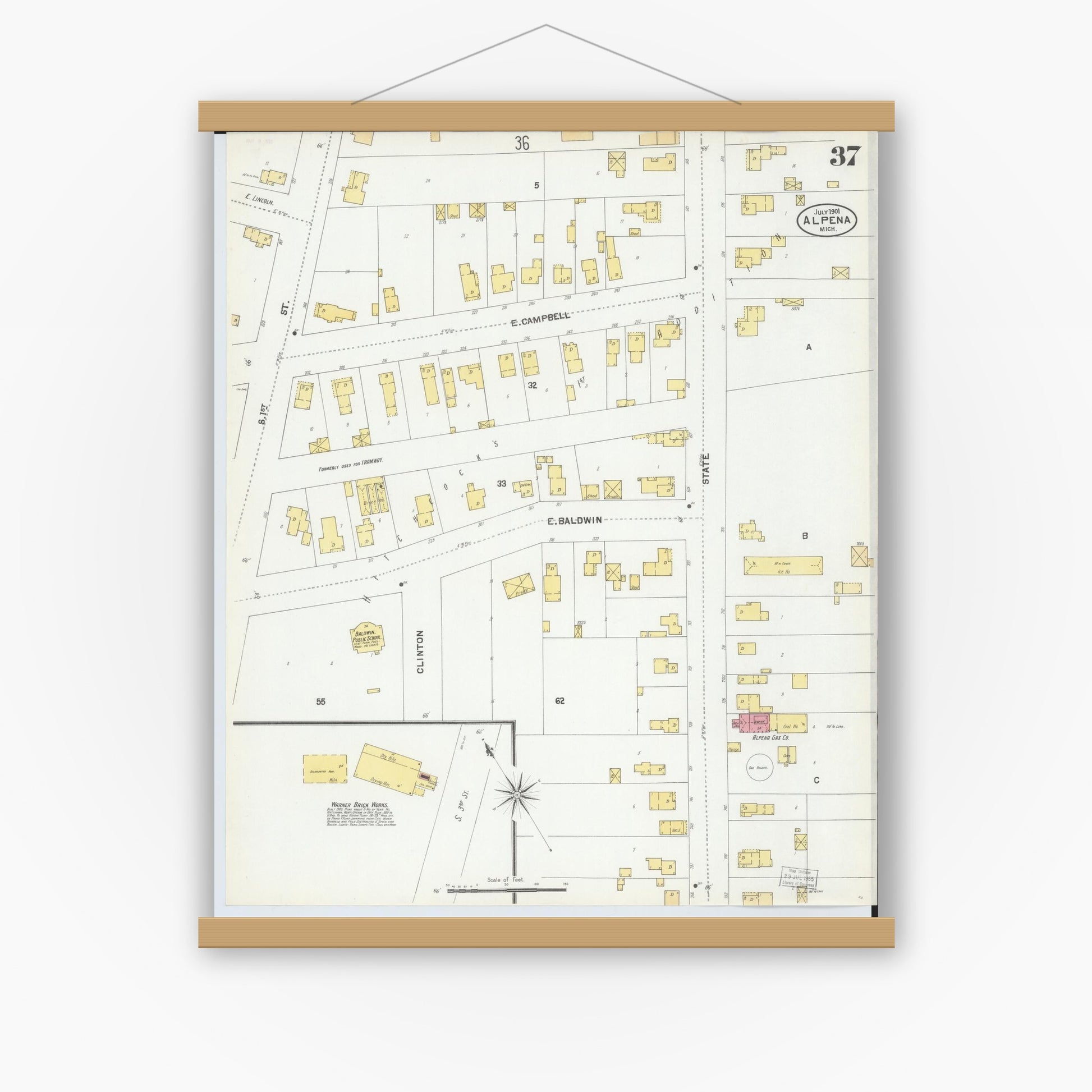 Old map wall art mockup — magnetic wood frame on white wall — Sanborn Fire Insurance Map from Alpena, Alpena County, Michigan (1901), Sheet #0037