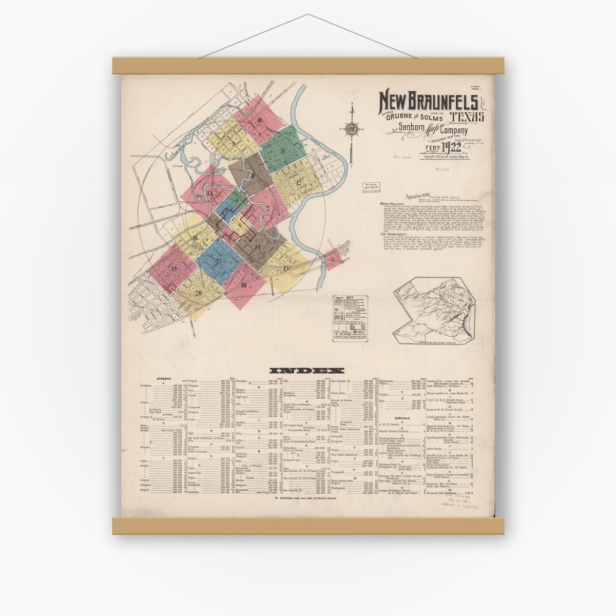 Old map wall art mockup — magnetic wood frame on white wall — Sanborn Fire Insurance Map from New Braunfels, Comal County, Texas (1922) - Complete Map Set