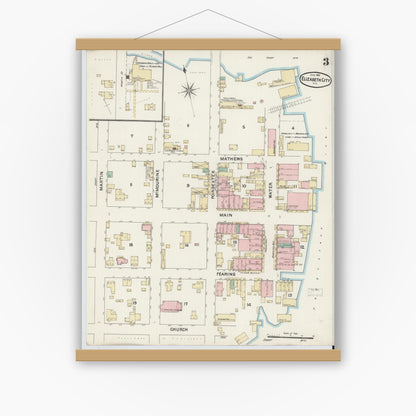 Old map wall art mockup — magnetic wood frame on white wall — Sanborn Fire Insurance Map from Elizabeth City, Pasquotank County, North Carolina (1891), Sheet #0003