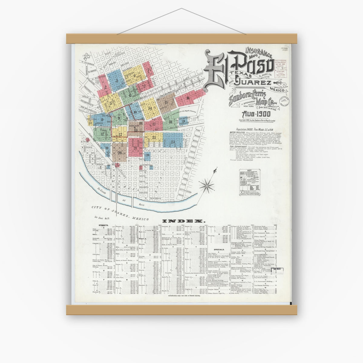 Old map wall art mockup — magnetic wood frame on white wall — Sanborn Fire Insurance Map from El Paso, El Paso County, Texas (1900) - Complete Map Set
