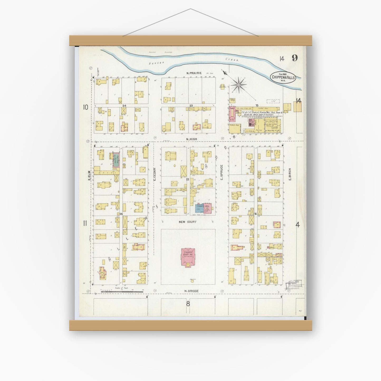 Old map wall art mockup — magnetic wood frame on white wall — Sanborn Fire Insurance Map from Chippewa Falls, Chippewa County, Wisconsin (1903), Sheet #0009