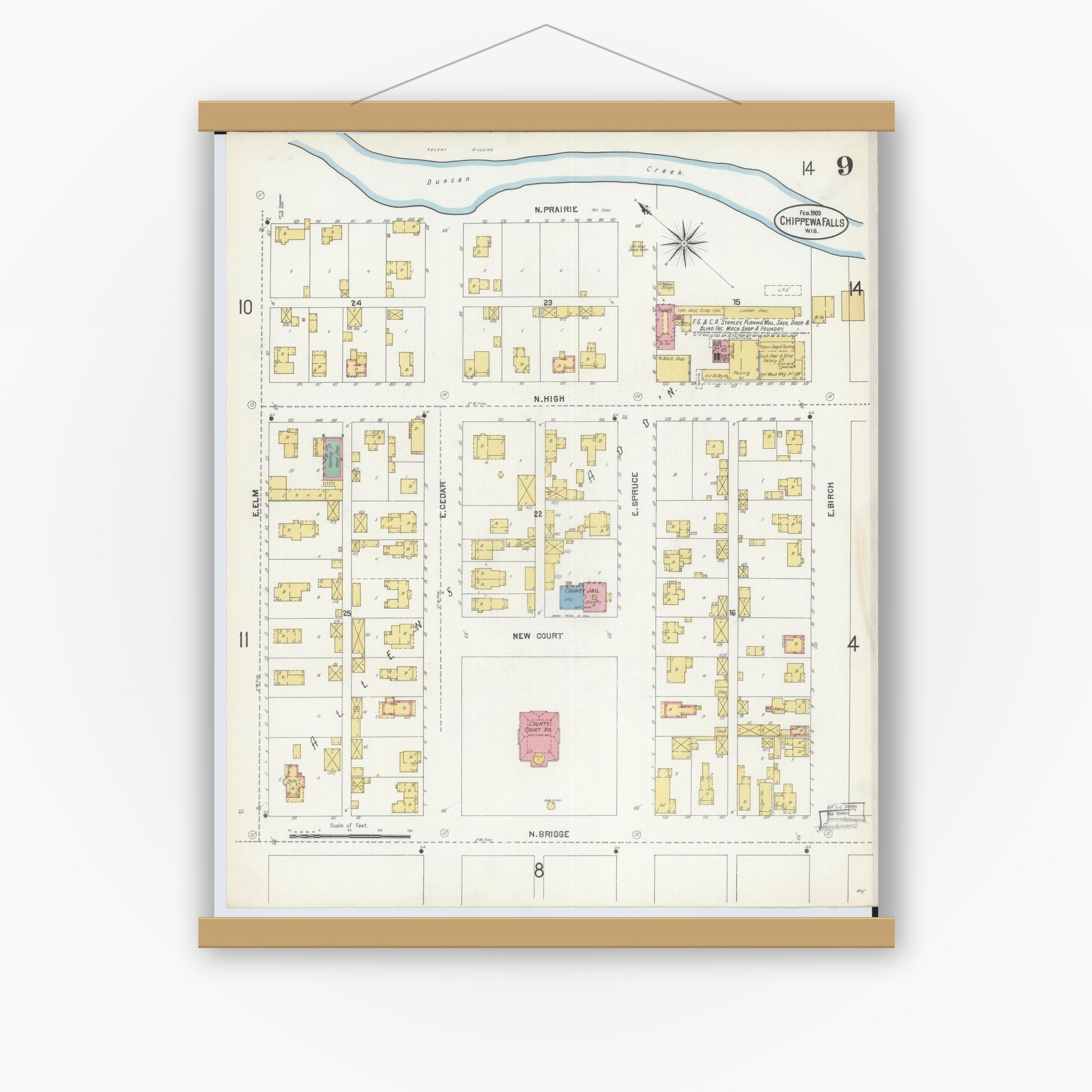 Old map wall art mockup — magnetic wood frame on white wall — Sanborn Fire Insurance Map from Chippewa Falls, Chippewa County, Wisconsin (1903), Sheet #0009