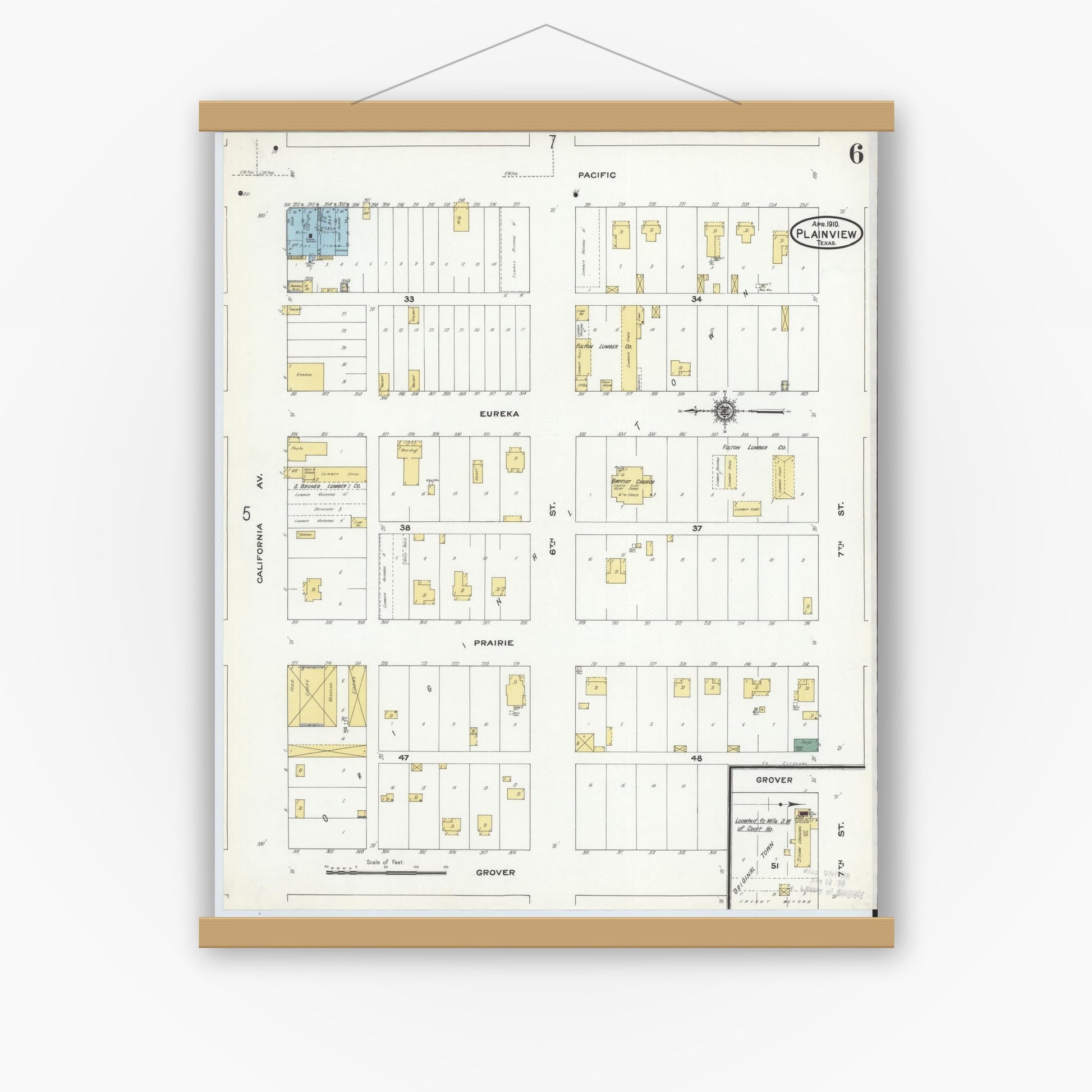 Old map wall art mockup — magnetic wood frame on white wall — Sanborn Fire Insurance Map from Plainview, Hale County, Texas (1910), Sheet #0006