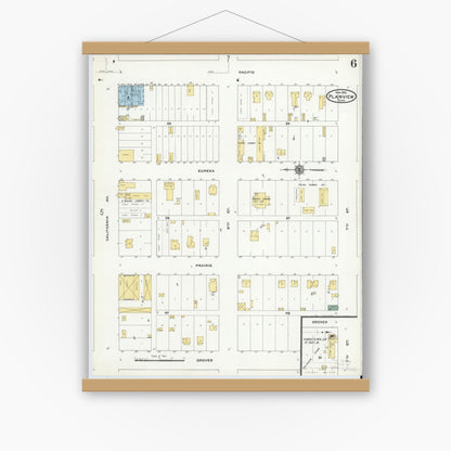 Old map wall art mockup — magnetic wood frame on white wall — Sanborn Fire Insurance Map from Plainview, Hale County, Texas (1910), Sheet #0006