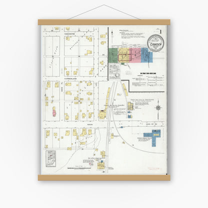 Old map wall art mockup — magnetic wood frame on white wall — Sanborn Fire Insurance Map from Camden, Carroll County, Indiana (1919) - Complete Map Set