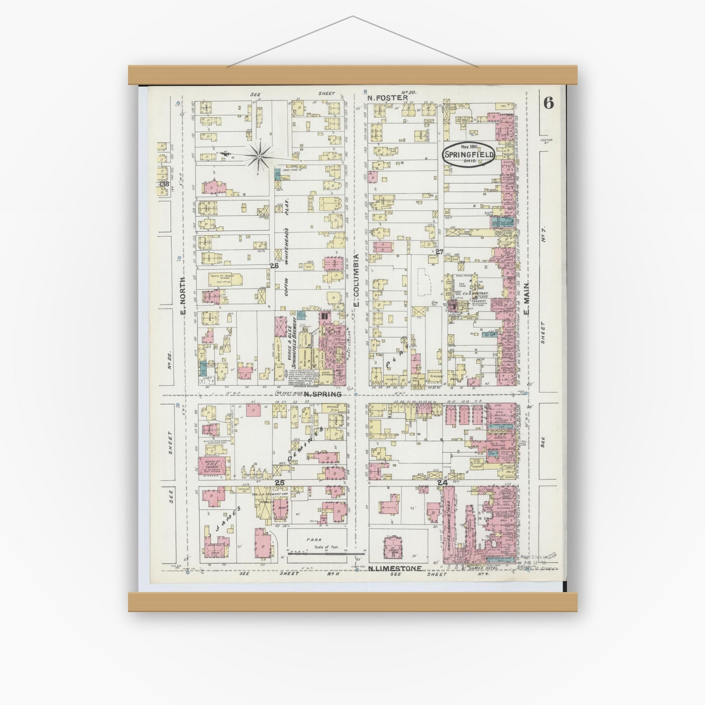 Old map wall art mockup — magnetic wood frame on white wall — Sanborn Fire Insurance Map from Springfield, Clark County, Ohio (1891), Sheet #0006