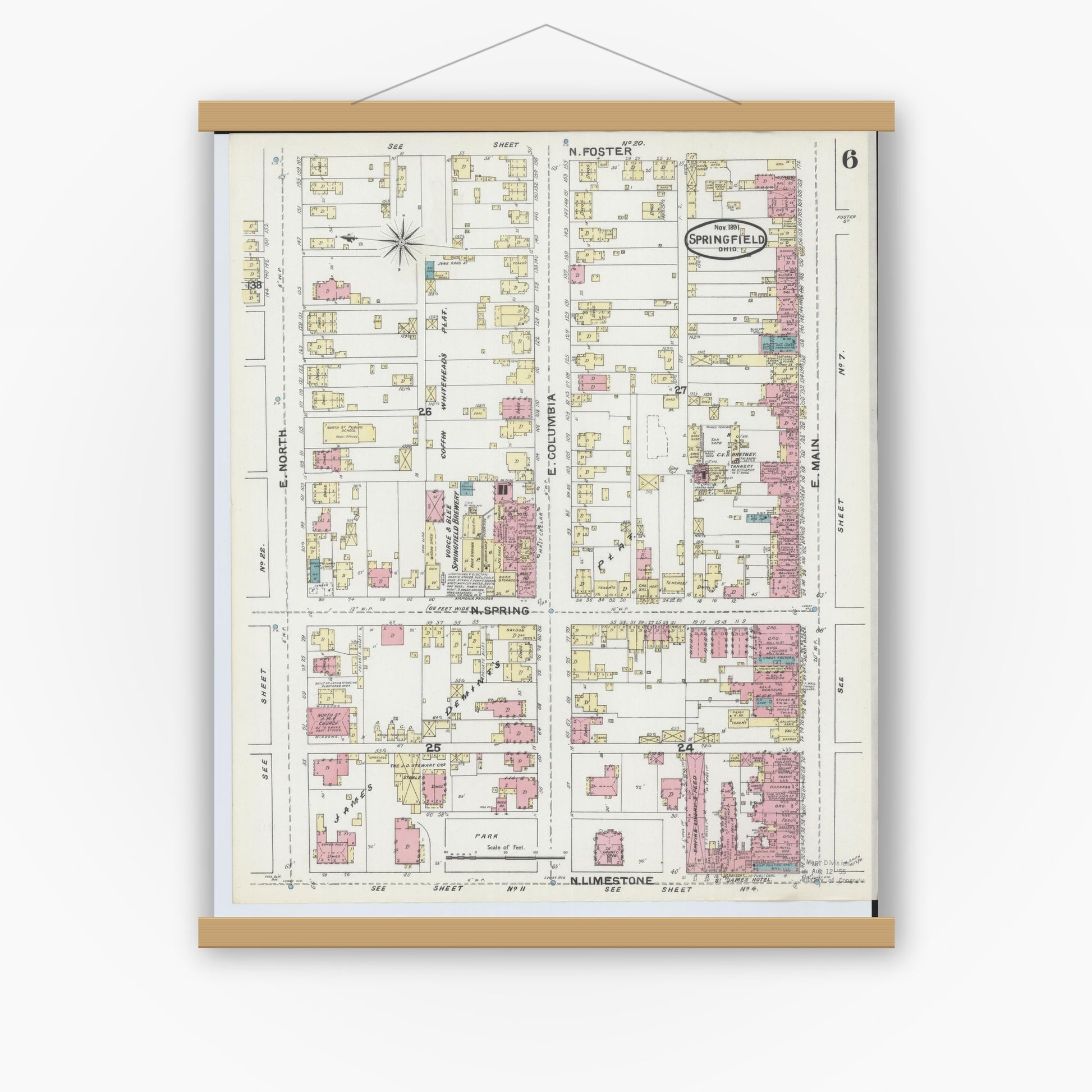 Old map wall art mockup — magnetic wood frame on white wall — Sanborn Fire Insurance Map from Springfield, Clark County, Ohio (1891), Sheet #0006