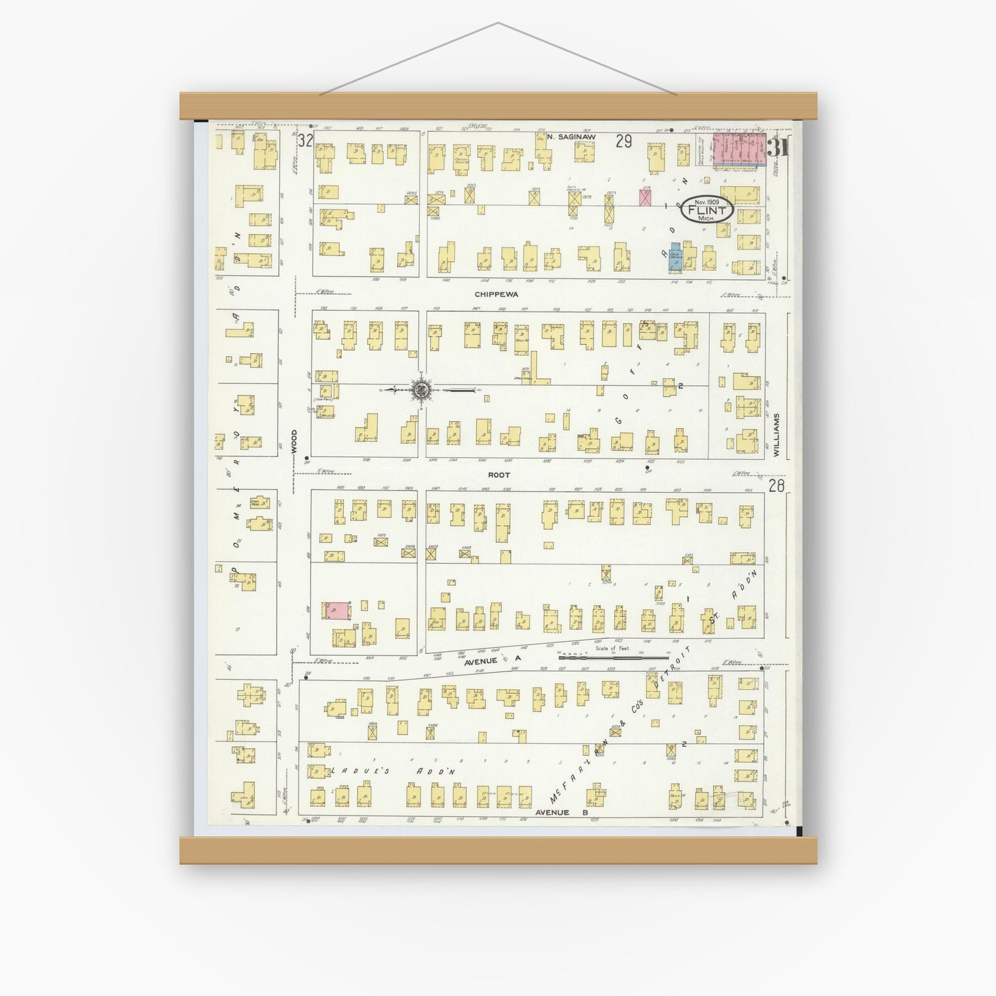 Old map wall art mockup — magnetic wood frame on white wall — Sanborn Fire Insurance Map from Flint, Genesee County, Michigan (1909), Sheet #0031