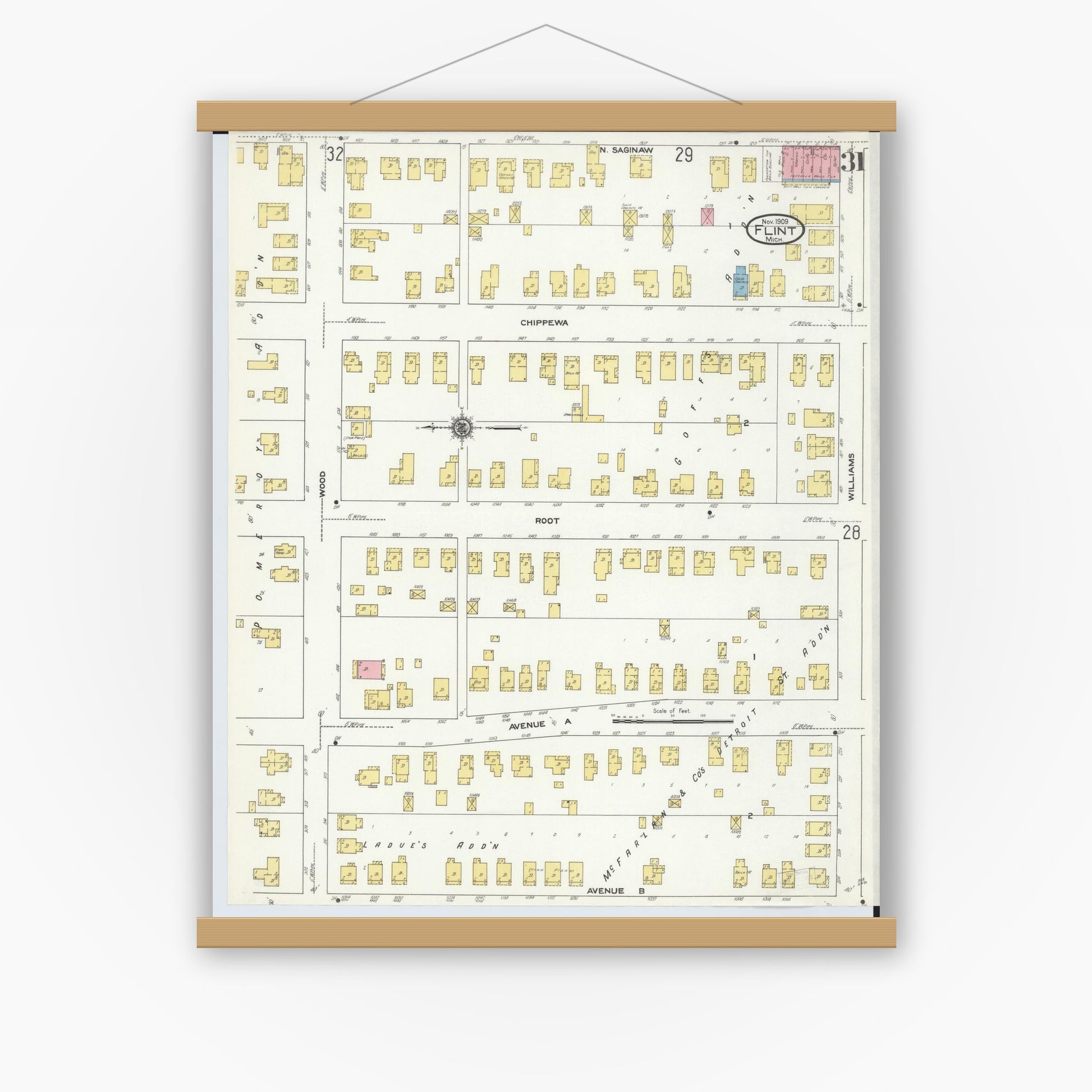 Old map wall art mockup — magnetic wood frame on white wall — Sanborn Fire Insurance Map from Flint, Genesee County, Michigan (1909), Sheet #0031