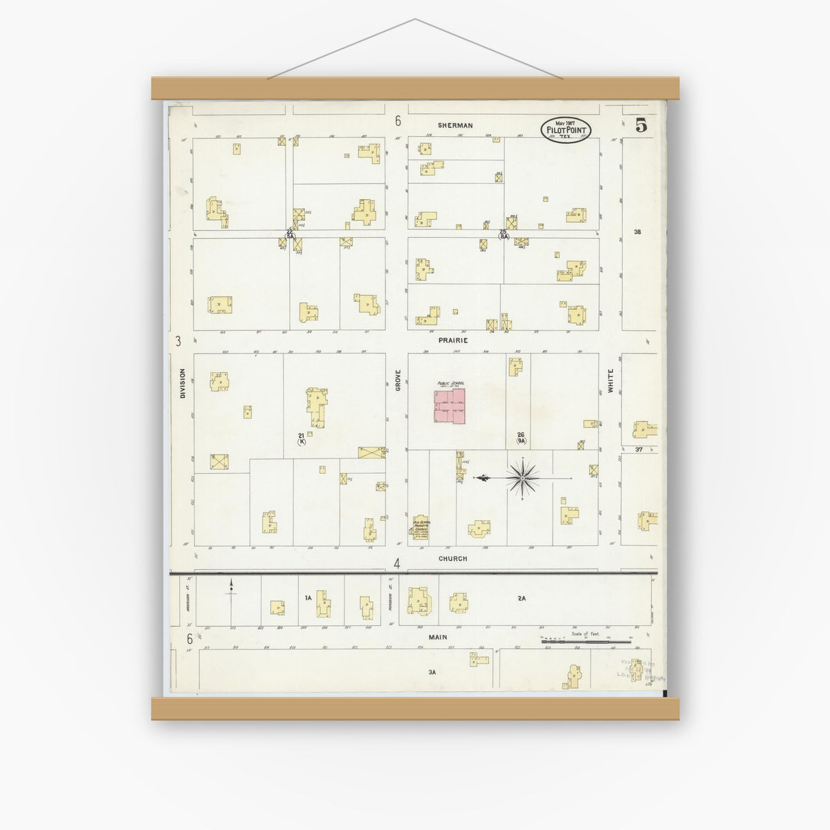 Old map wall art mockup — magnetic wood frame on white wall — Sanborn Fire Insurance Map from Pilot Point, Denton County, Texas (1907), Sheet #0005