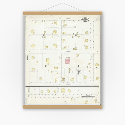 Old map wall art mockup — magnetic wood frame on white wall — Sanborn Fire Insurance Map from Pilot Point, Denton County, Texas (1907), Sheet #0005