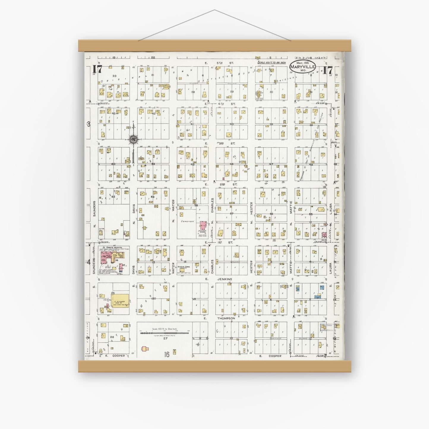 Old map wall art mockup — magnetic wood frame on white wall — Sanborn Fire Insurance Map from Maryville, Nodaway County, Missouri (1925), Sheet #0017