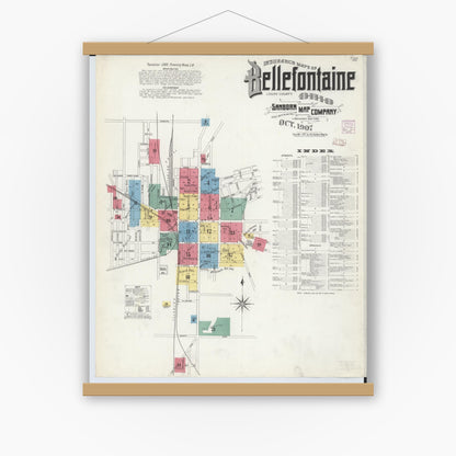 Old map wall art mockup — magnetic wood frame on white wall — Sanborn Fire Insurance Map from Bellefontaine, Logan County, Ohio (1907) - Complete Map Set