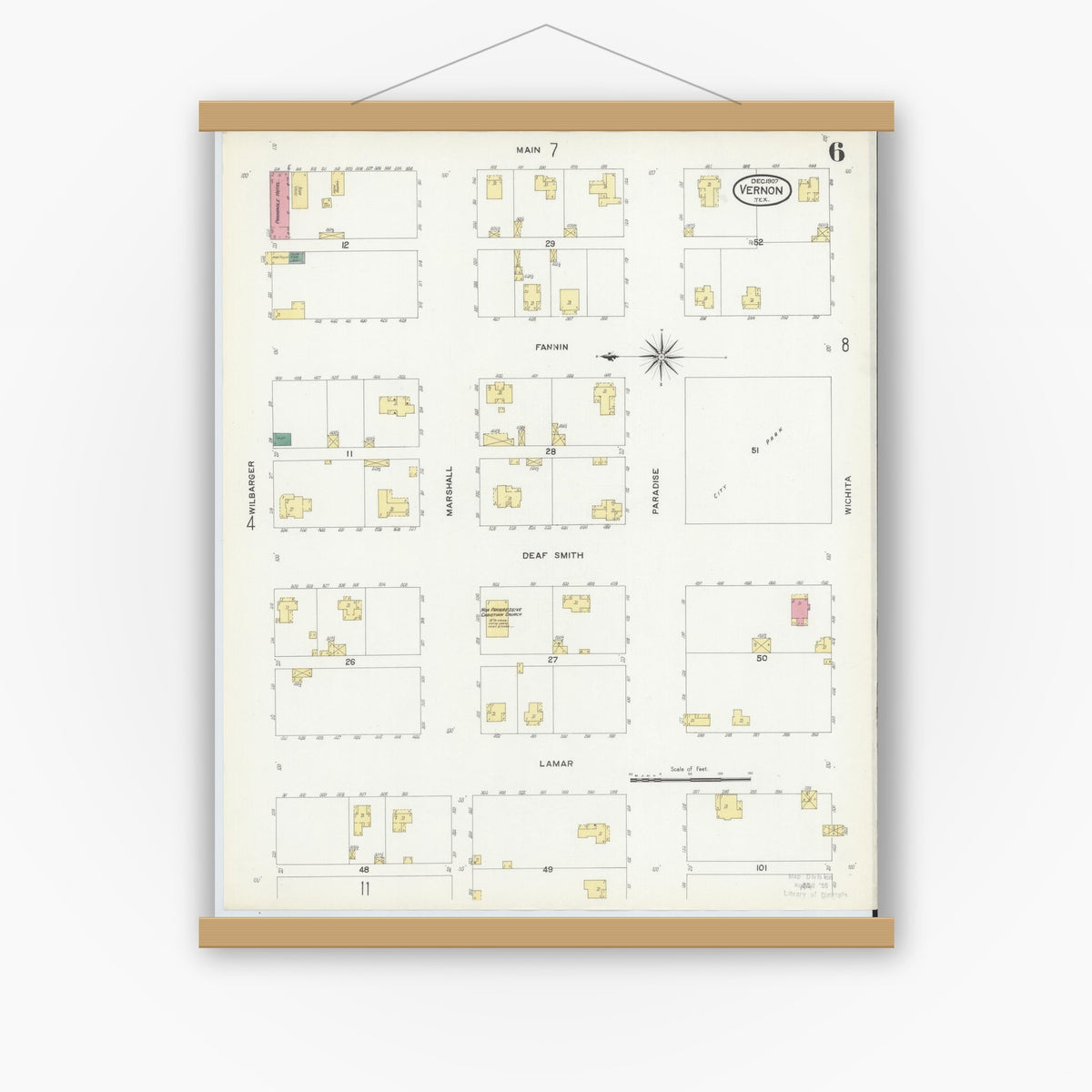 Old map wall art mockup — magnetic wood frame on white wall — Sanborn Fire Insurance Map from Vernon, Wilbarger County, Texas (1907), Sheet #0006