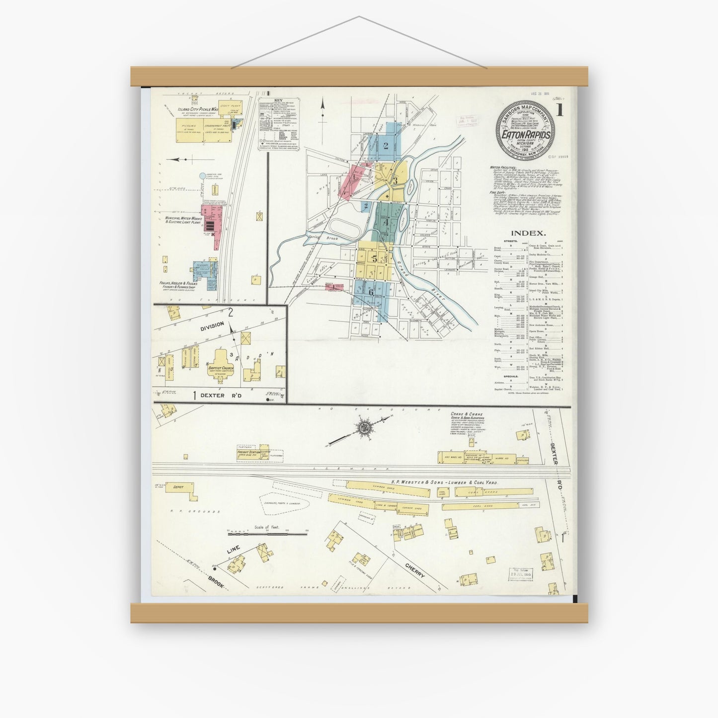 Old map wall art mockup — magnetic wood frame on white wall — Sanborn Fire Insurance Map from Eaton Rapids, Eaton County, Michigan (1911), Sheet #0001