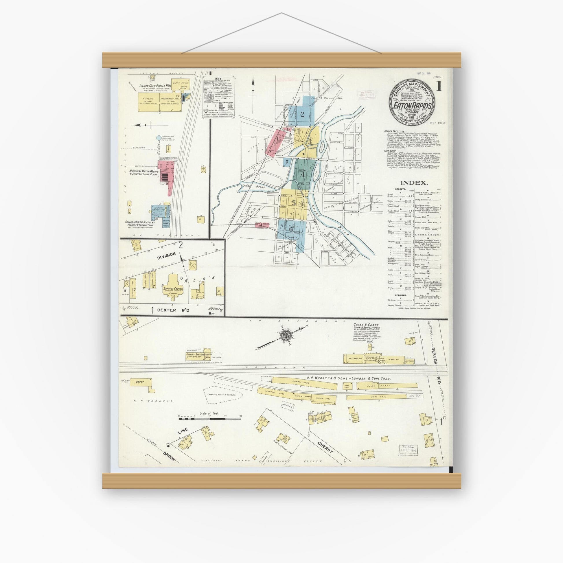Old map wall art mockup — magnetic wood frame on white wall — Sanborn Fire Insurance Map from Eaton Rapids, Eaton County, Michigan (1911), Sheet #0001