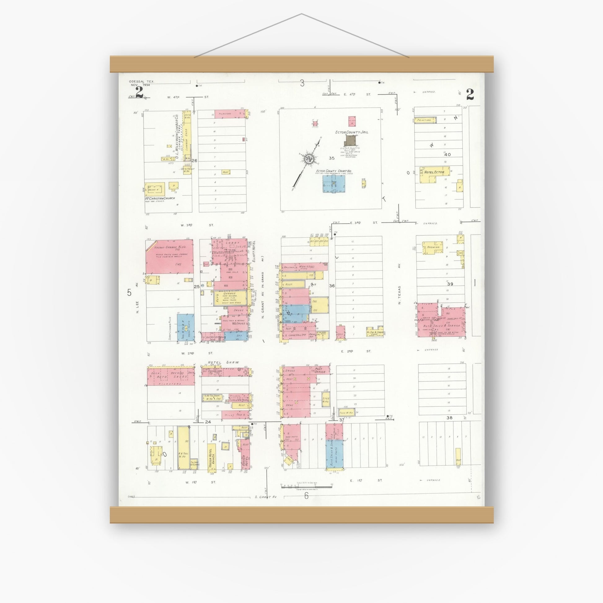 Old map wall art mockup — magnetic wood frame on white wall — Sanborn Fire Insurance Map from Odessa, Edger County, Texas (1934), Sheet #0002