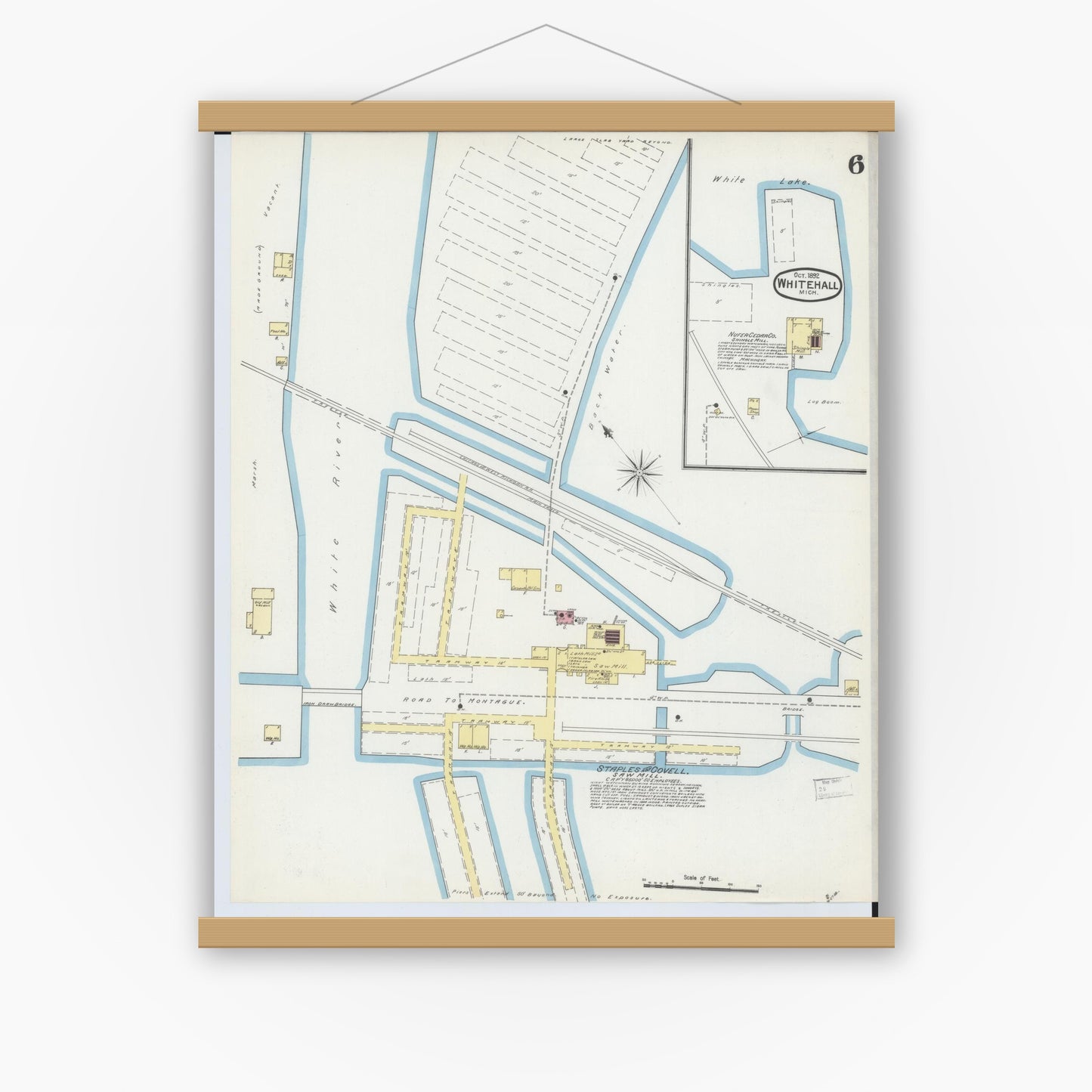 Old map wall art mockup — magnetic wood frame on white wall — Sanborn Fire Insurance Map from Whitehall, Muskegon County, Michigan (1892), Sheet #0006