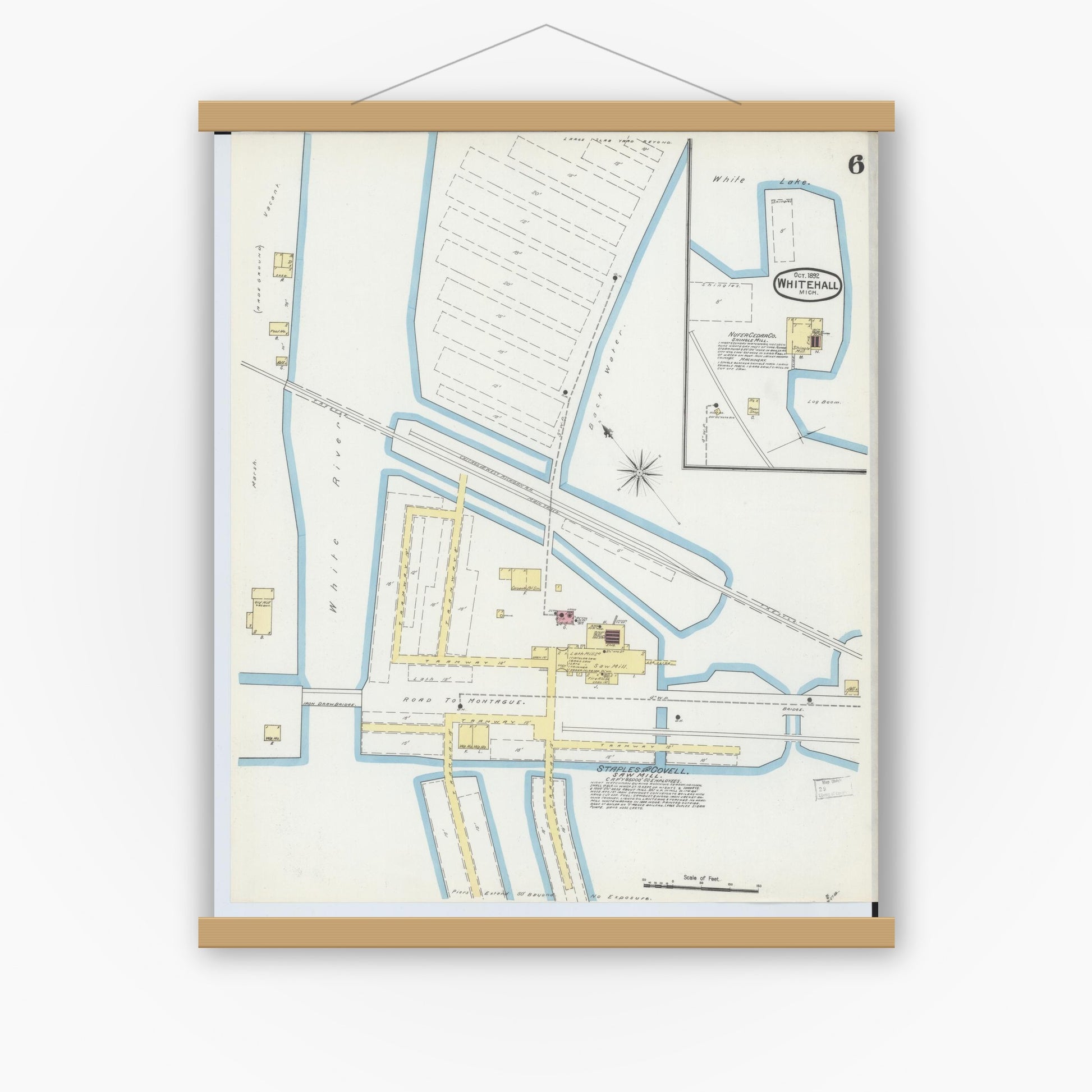 Old map wall art mockup — magnetic wood frame on white wall — Sanborn Fire Insurance Map from Whitehall, Muskegon County, Michigan (1892), Sheet #0006