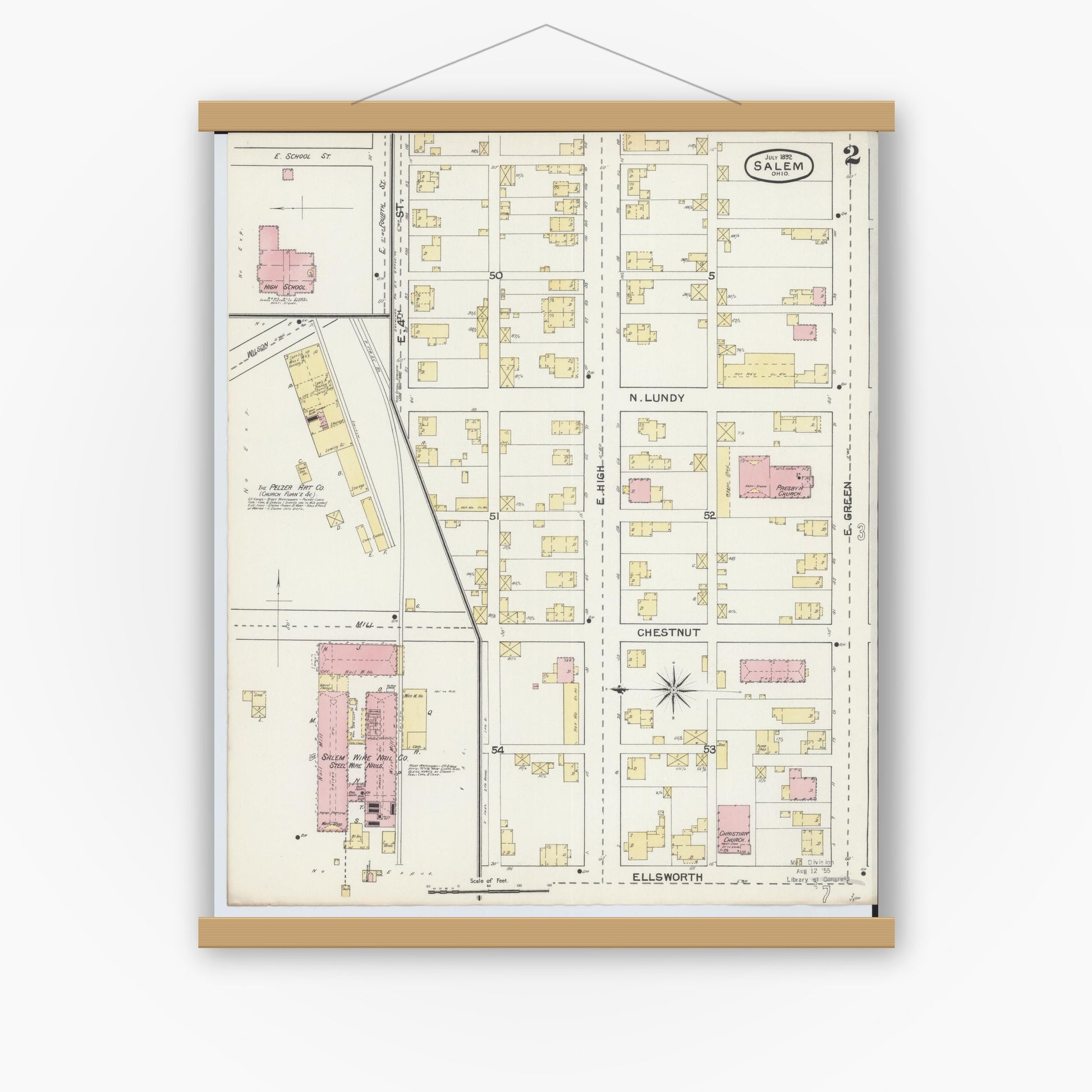 Old map wall art mockup — magnetic wood frame on white wall — Sanborn Fire Insurance Map from Salem, Columbiana County, Ohio (1892), Sheet #0002